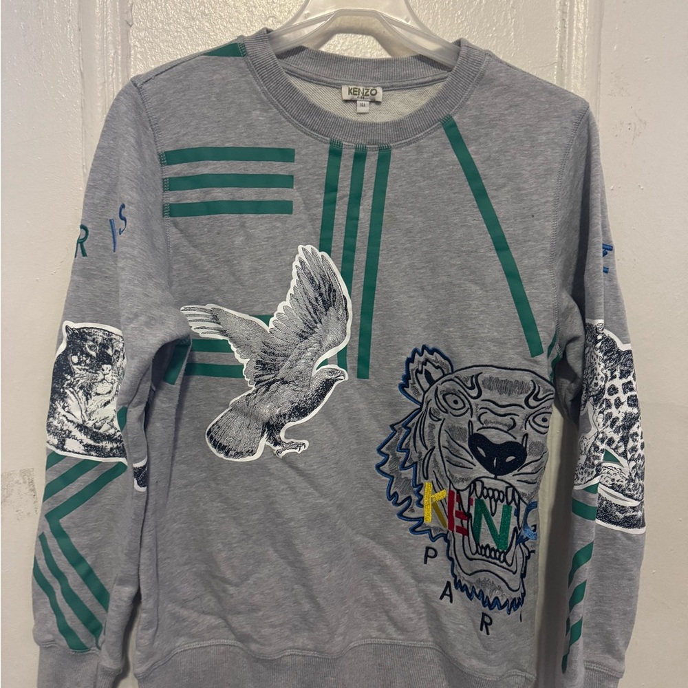 Kenzo Gray Crewneck Sweater with Animal Graphics